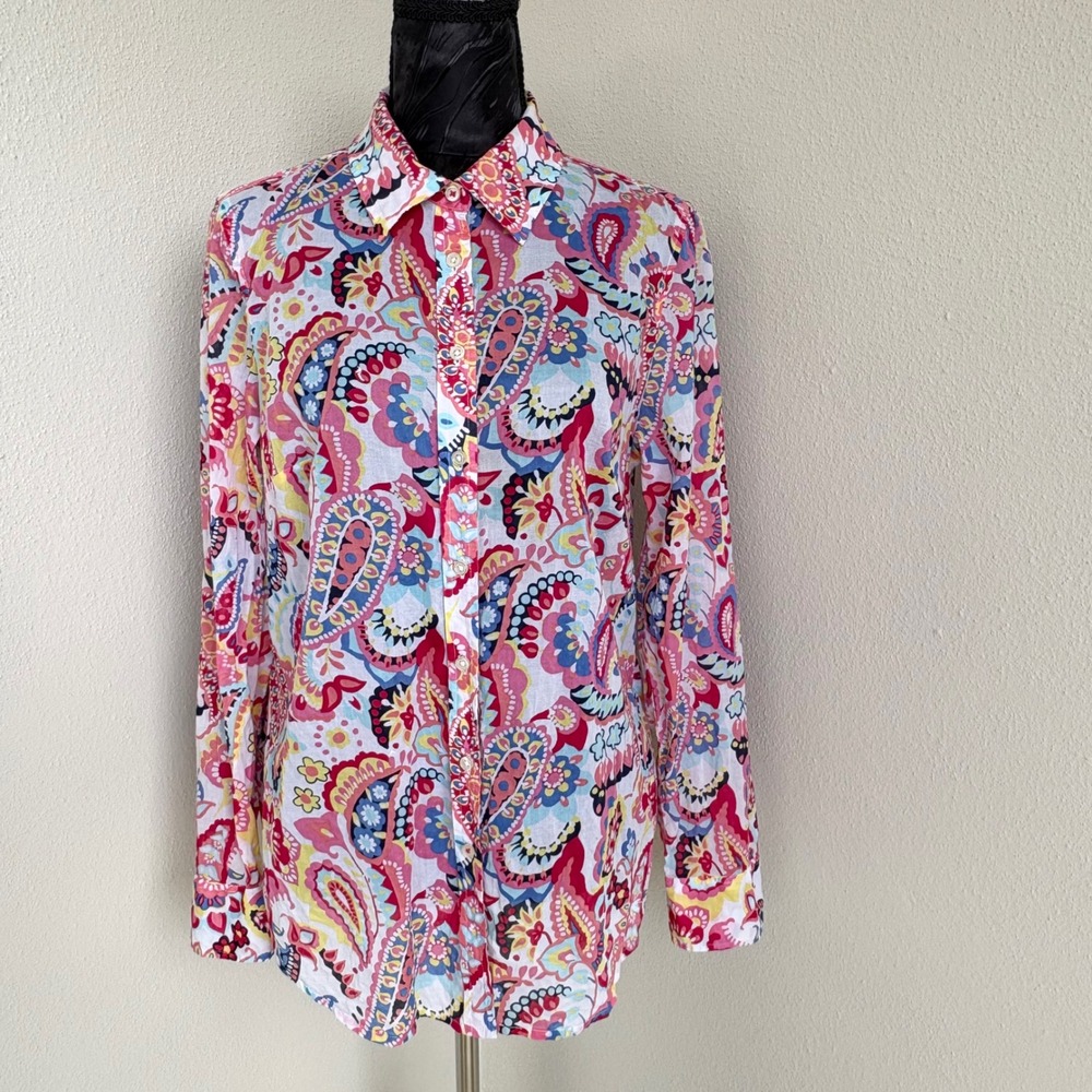 Talbots Paisley Floral Button Down Shirt Womens M Pink Multi
